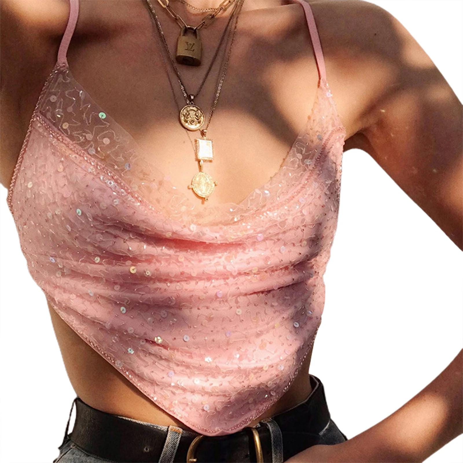 Women’s Solid Color Sling Tops Pleated Low Neck Irregular Sequins Decorations Short Vest Tops for Summer
Women’s Solid Color Sling Tops Pleated Low Neck Irregular Sequins Decorations Short Vest Tops for Summer