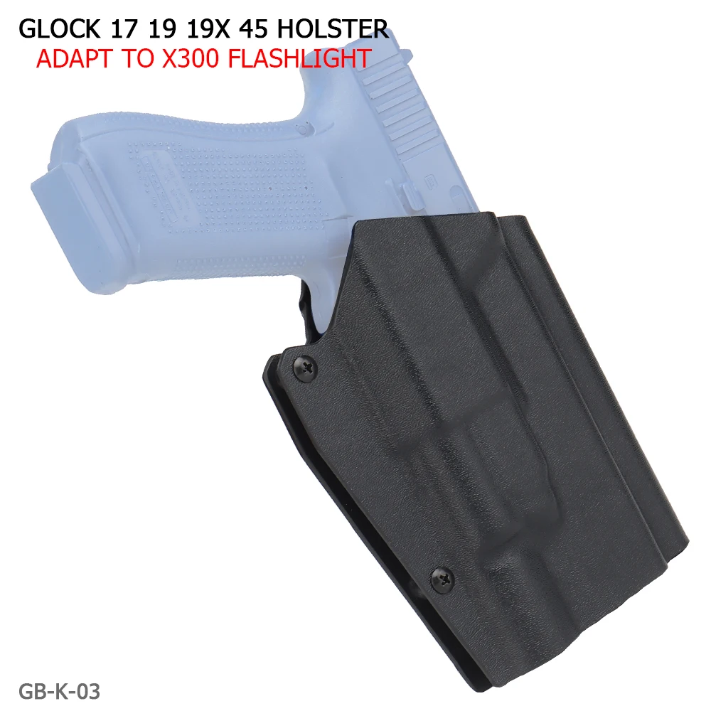

Tactical Military Belt Gun Holster Kydex Airsoft Holster for Glock 17 19 19X 45 Right Hand Gun Case with X300 Flashlight Bearing