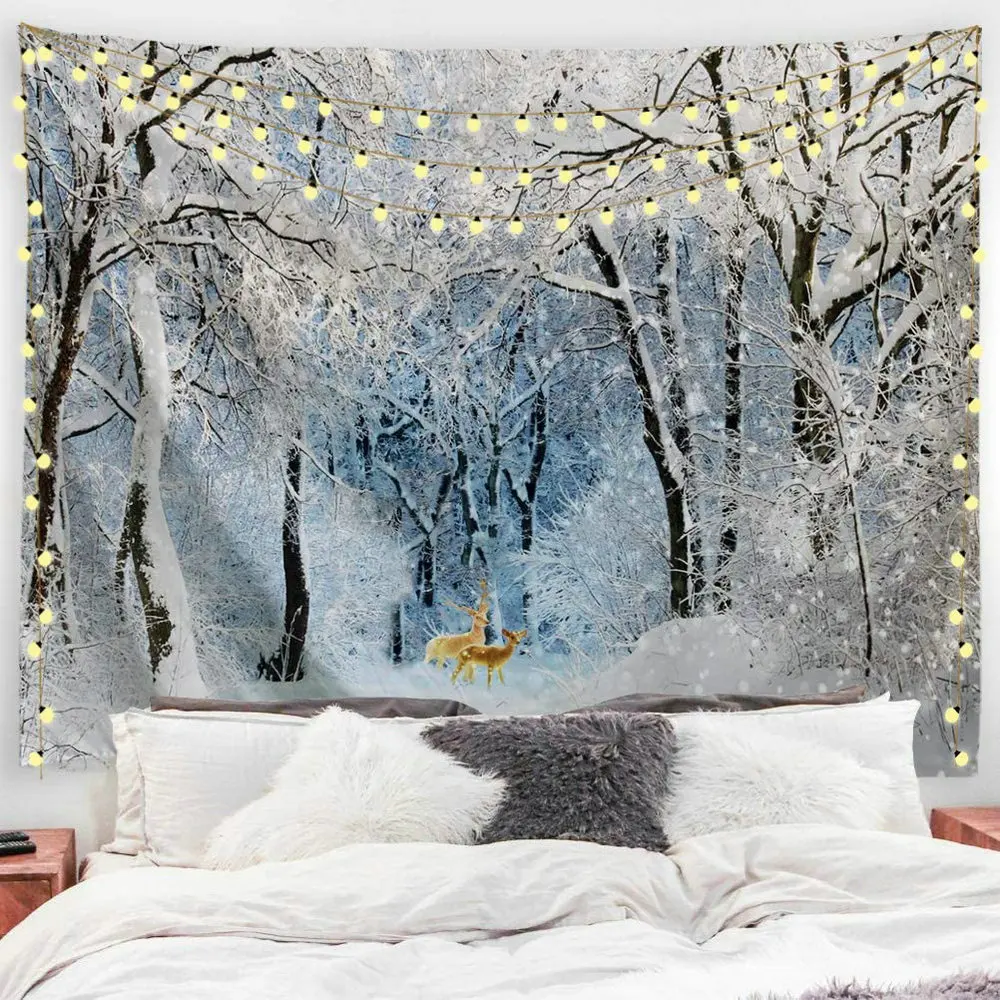 

Snow Forest Tapestry Winter Trees Snowy Jungle Woodland Fantasy Elk Rustic Vintage Nature Scenery Bedroom Living Room Dorm Decor