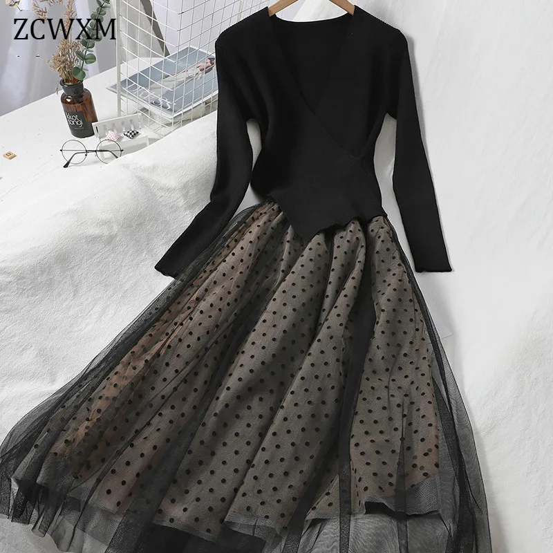 ZCWXM 2020 New Autumn Women Knitted Mid-long Tulle Patchwork Black Dresses Elegant Long Sleeve Polka Dot A Line Slim Dresses
ZCWXM 2020 New Autumn Women Knitted Mid-long Tulle Patchwork Black Dresses Elegant Long Sleeve Polka Dot A Line Slim Dresses