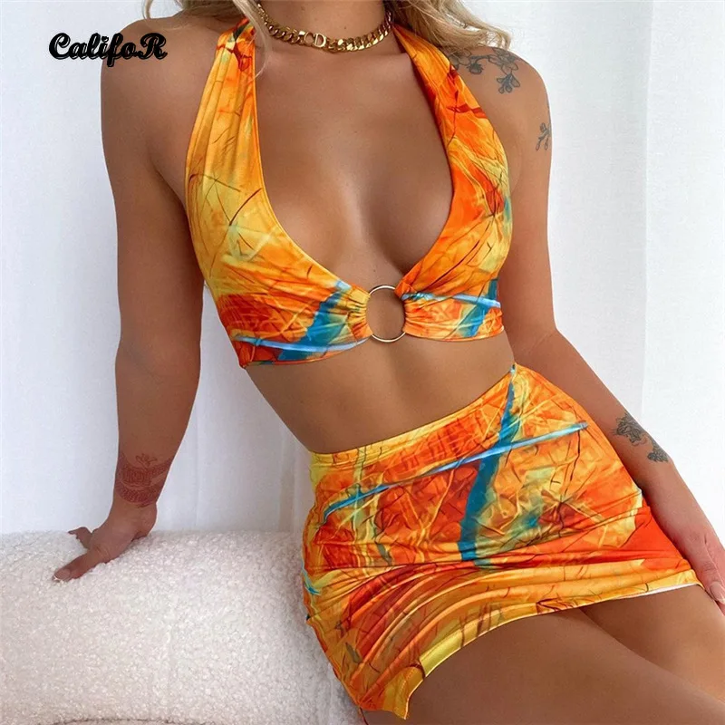 CALIFOR Halter Printed Backless Mini Dresses Women 2021 Summer Beach Wear Bodycon Dress V-neck Sexy Sleeveless Two Piece Set
CALIFOR Halter Printed Backless Mini Dresses Women 2021 Summer Beach Wear Bodycon Dress V-neck Sexy Sleeveless Two Piece Set