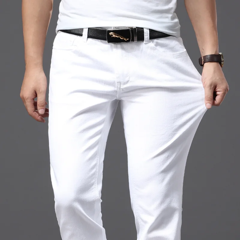 

SHZQ Brother Wang Men White Jeans Fashion Casual Classic Style Slim Fit Soft Trousers Male Brand Advanced Stretch Pants