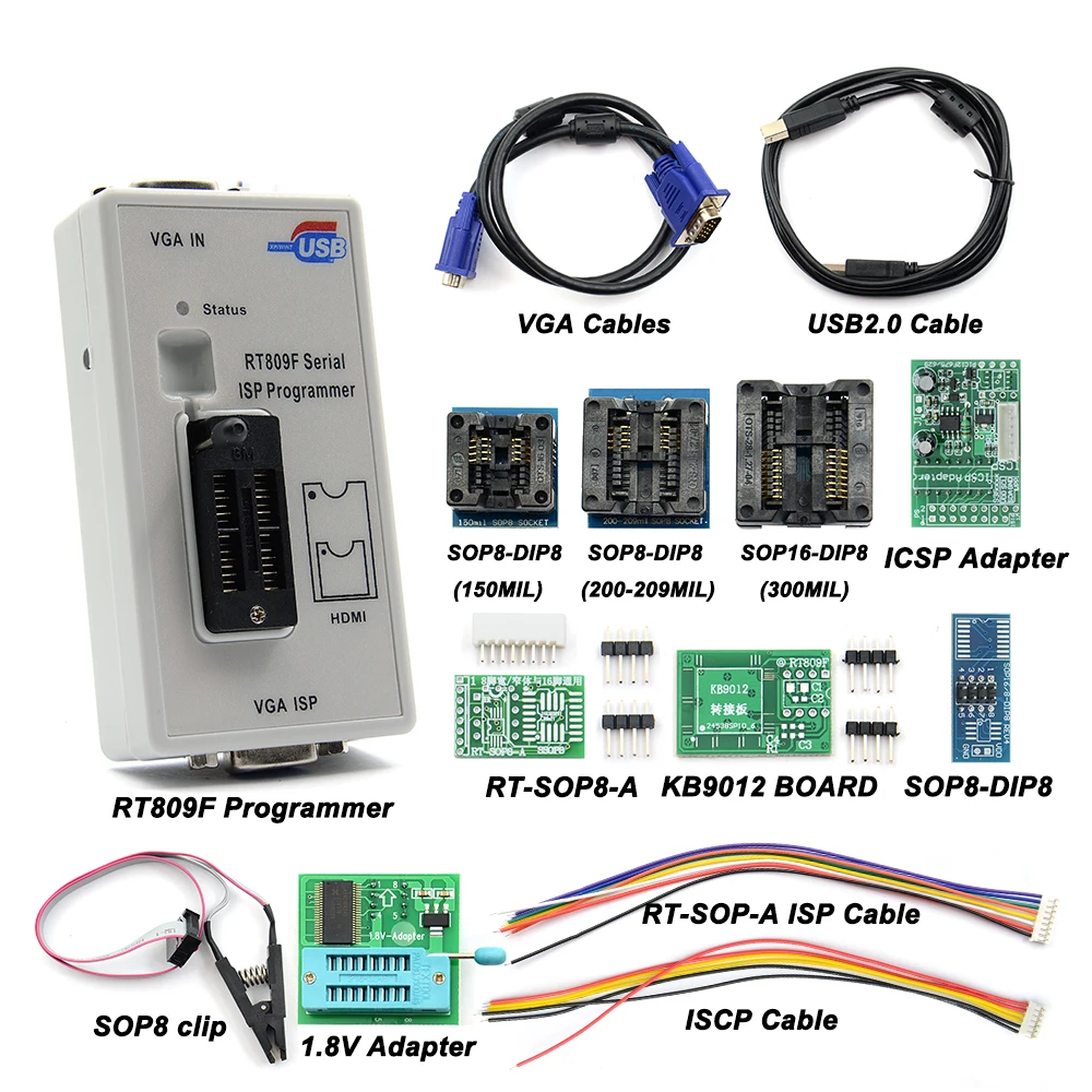 Newst RT809F Serial ISP Programmer with 11 adapters +1.8v adapter+SOP8 test clip+EDID cable Best Quality Free Shipping
Newst RT809F Serial ISP Programmer with 11 adapters +1.8v adapter+SOP8 test clip+EDID cable Best Quality Free Shipping
