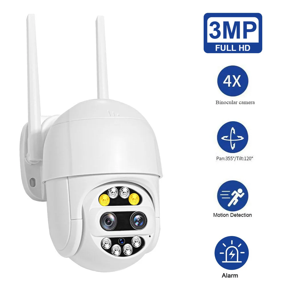 3MP FHD PTZ Wifi Camera Outdoor 3.6mm+12mm Dual Lens 4X Zoom Speed Dome Smart IP Camera 40M Color IR CCTV Camera CMOS
3MP FHD PTZ Wifi Camera Outdoor 3.6mm+12mm Dual Lens 4X Zoom Speed Dome Smart IP Camera 40M Color IR CCTV Camera CMOS