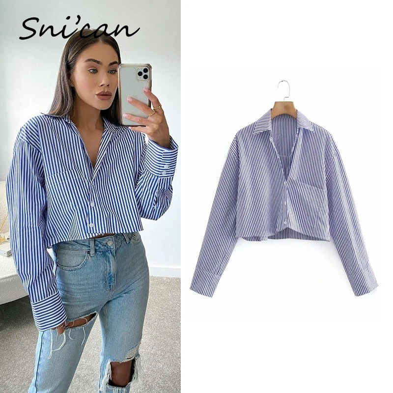 Snican Blue Striped Short Shirts Fashion Office Ladies Basic Blouse Za Women Tops Chemisier Femme Spring Tops 2021 Haut Vetement
Snican Blue Striped Short Shirts Fashion Office Ladies Basic Blouse Za Women Tops Chemisier Femme Spring Tops 2021 Haut Vetement