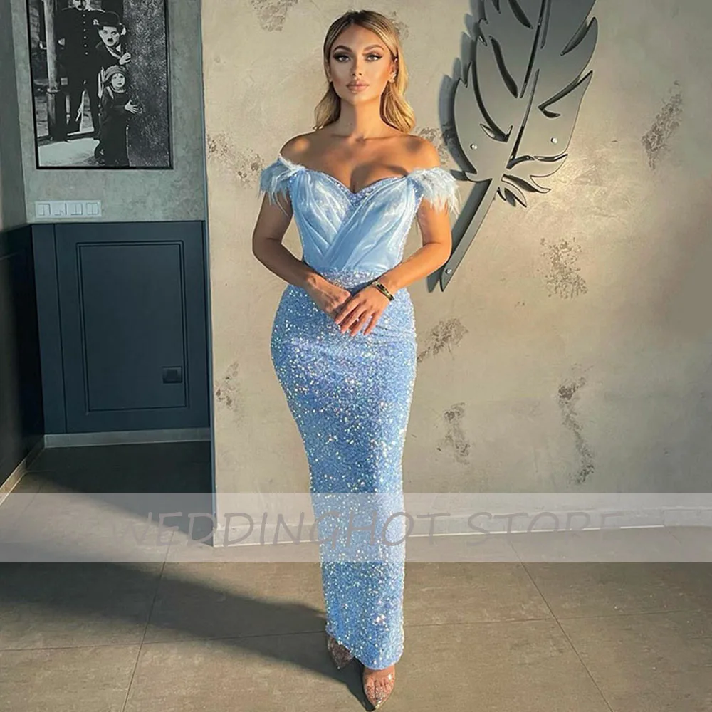

Sparkle Sequin Evening Dresses 2022 Blue Feather Mermaid Prom Gowns Elegant Off-Shoulder Custom Sexy Party Dress Robes De Soiree