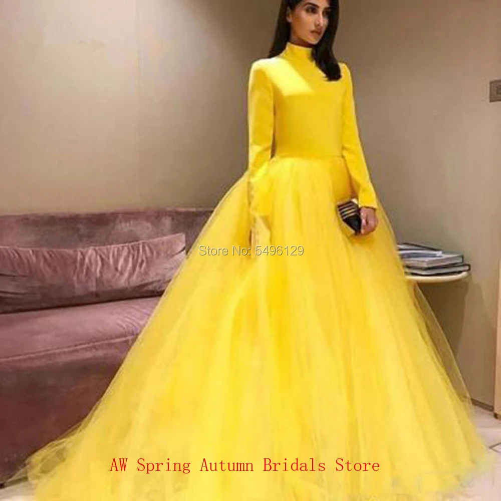 Elegant Muslim Yellow Evening Dresses with Full Sleeves High Collar Soft Tulle Women Prom Dress Elastic Top Formal Party Gowns
Elegant Muslim Yellow Evening Dresses with Full Sleeves High Collar Soft Tulle Women Prom Dress Elastic Top Formal Party Gowns