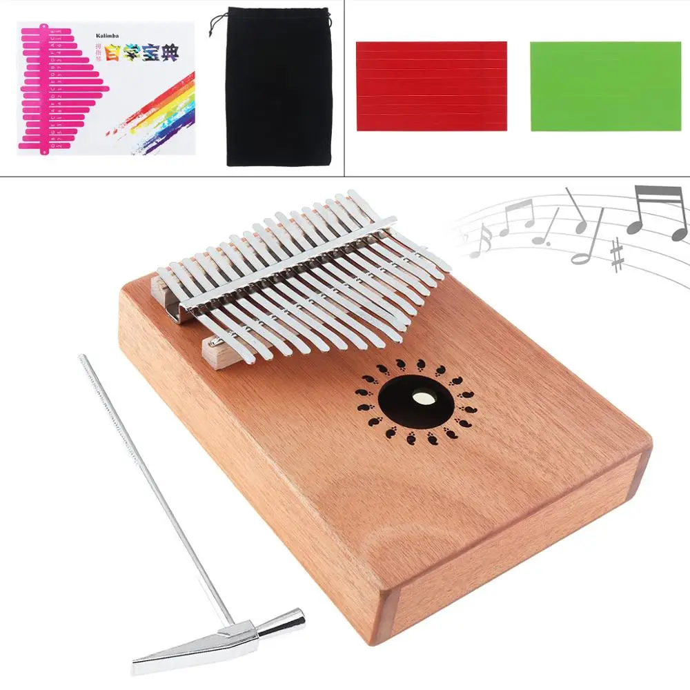 

17Key Kalimba Sound Hole Single Board Mahogany Thumb Piano Mbira Natural Mini Keyboard Instrument with Complete Accessories