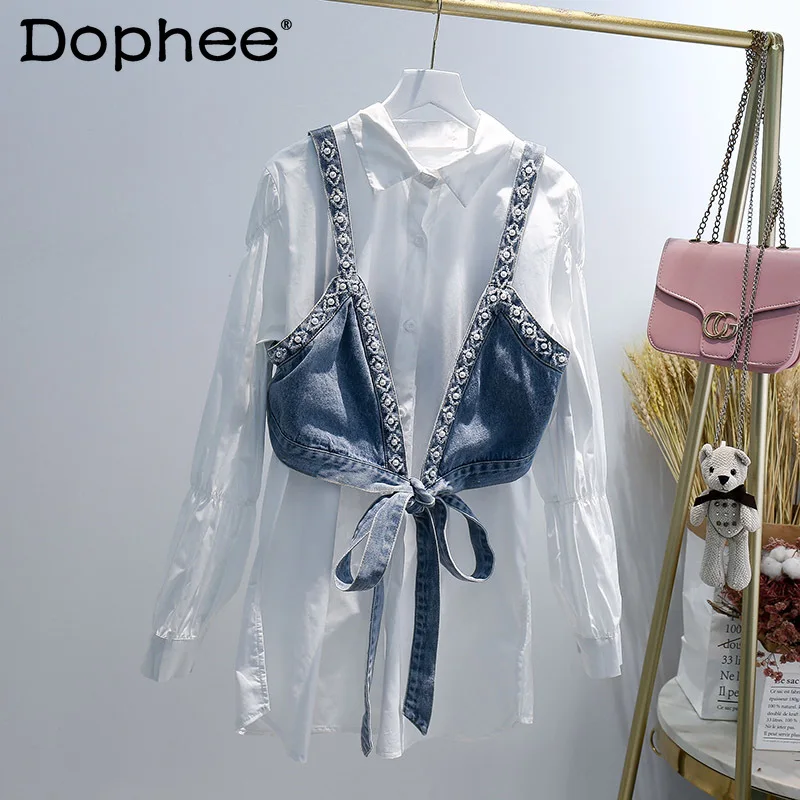 2021 Spring New Fashion Heavy Industry Beads Tied Bow Denim Waistcoat Vest Women Elegant White Mid-length Shirt Two-Piece Sets
2021 Spring New Fashion Heavy Industry Beads Tied Bow Denim Waistcoat Vest Women Elegant White Mid-length Shirt Two-Piece Sets