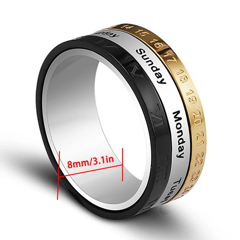 Men Titanium Steel Punk Rotatable Spinner Date Time Calendar Roman Numerals Finger anxiety fidget Ring Fashion Party for women | Украшения