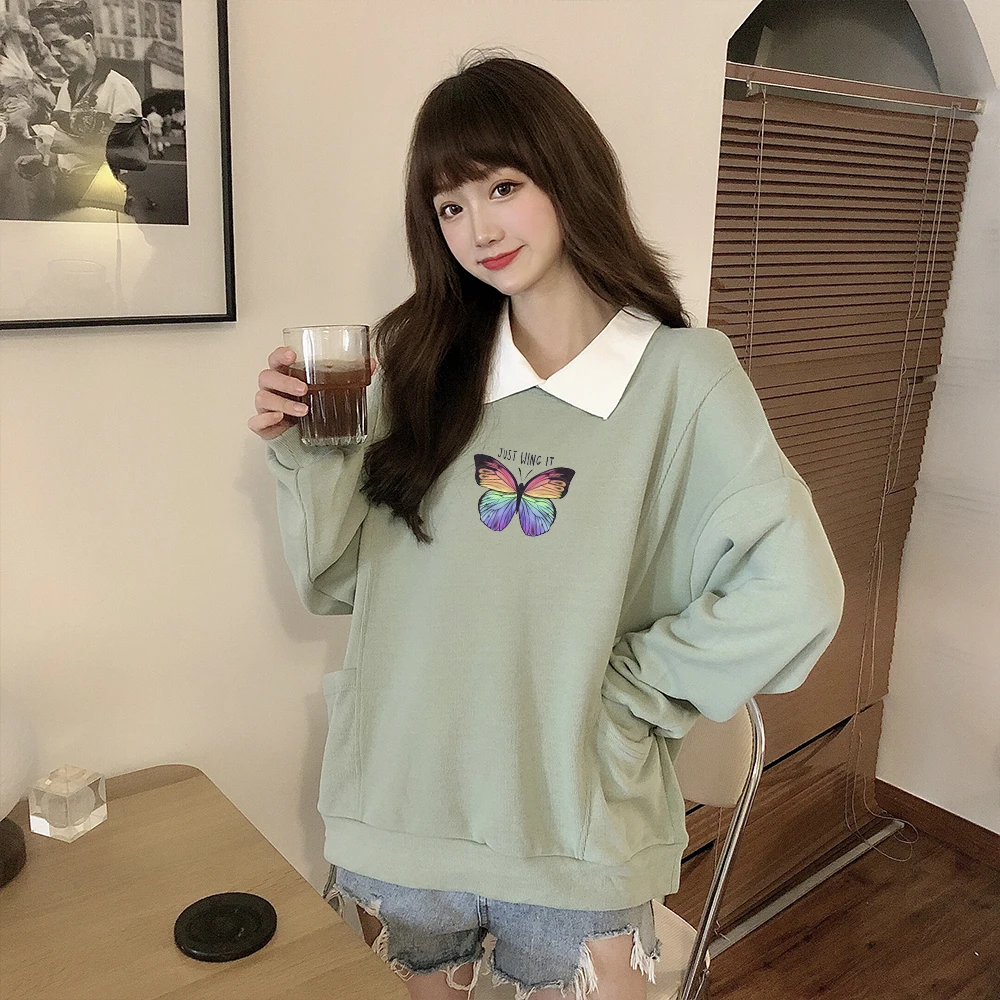 Oversize Cotton Autumn Pullover Women with Butterfly Cute Turn-down Collar Sweatshirts Women Graphic Print Collar Pocket Hoodies
Oversize Cotton Autumn Pullover Women with Butterfly Cute Turn-down Collar Sweatshirts Women Graphic Print Collar Pocket Hoodies