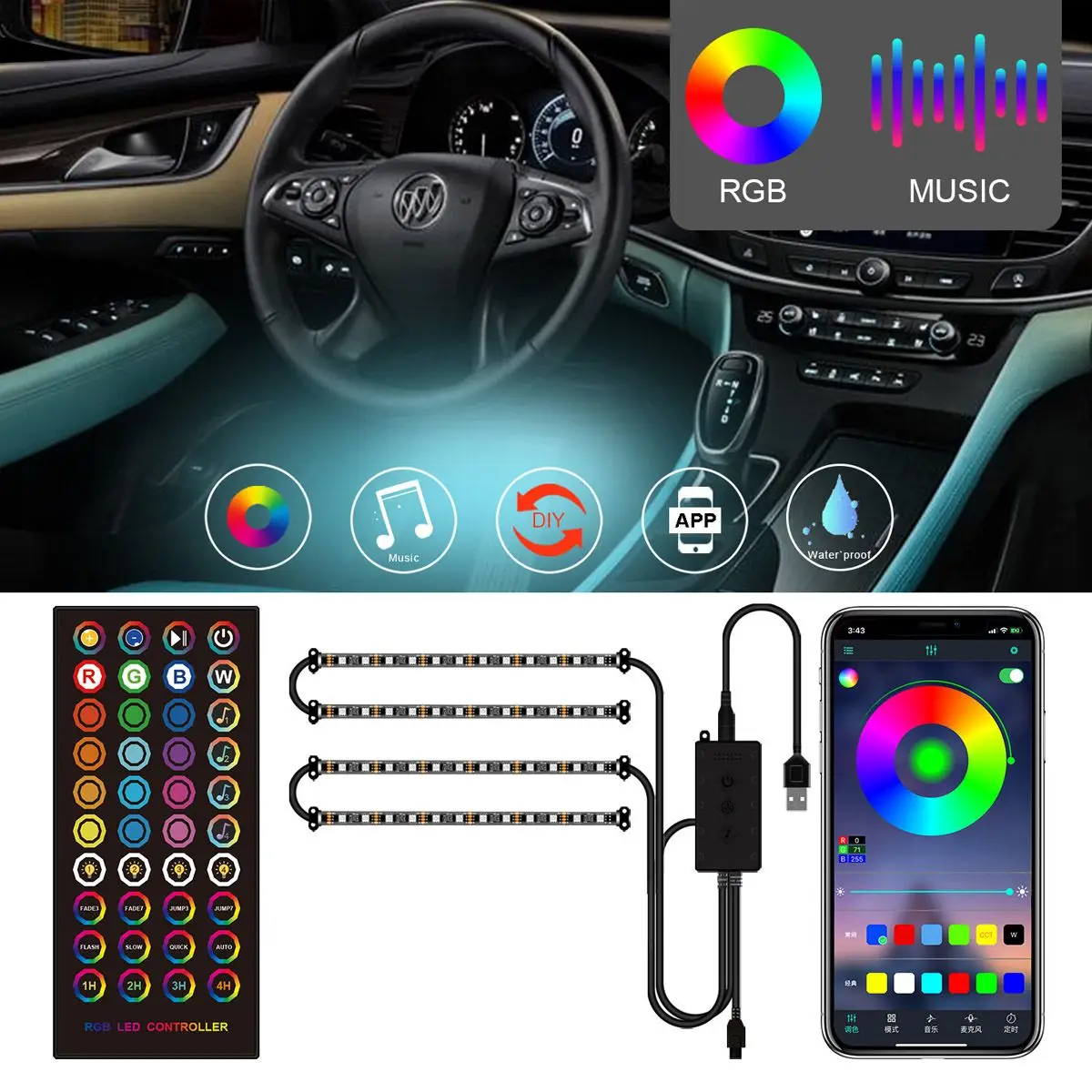 48 LEDs RGB LED Strip Light Car Interior Light Interior Atmosphere Light USB APP Music Control Multiple Modes Decorative Lamp
48 LEDs RGB LED Strip Light Car Interior Light Interior Atmosphere Light USB APP Music Control Multiple Modes Decorative Lamp