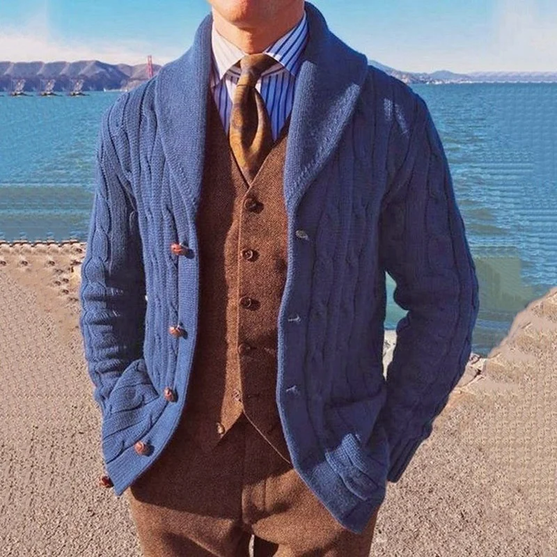 European American Autumn Winter New Men's Fit Long-sleeved Knitted Jacket Lapel Blue Cardigan Jacket Sweater
European American Autumn Winter New Men's Fit Long-sleeved Knitted Jacket Lapel Blue Cardigan Jacket Sweater