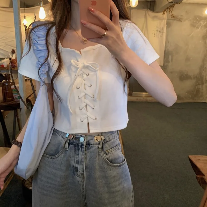 White T-shirt Female Summer All-match Lace Up Short Sleeve Navel T Shirt Women New Short Crop Basic Top Tee Ladies Tshirt 2021
White T-shirt Female Summer All-match Lace Up Short Sleeve Navel T Shirt Women New Short Crop Basic Top Tee Ladies Tshirt 2021