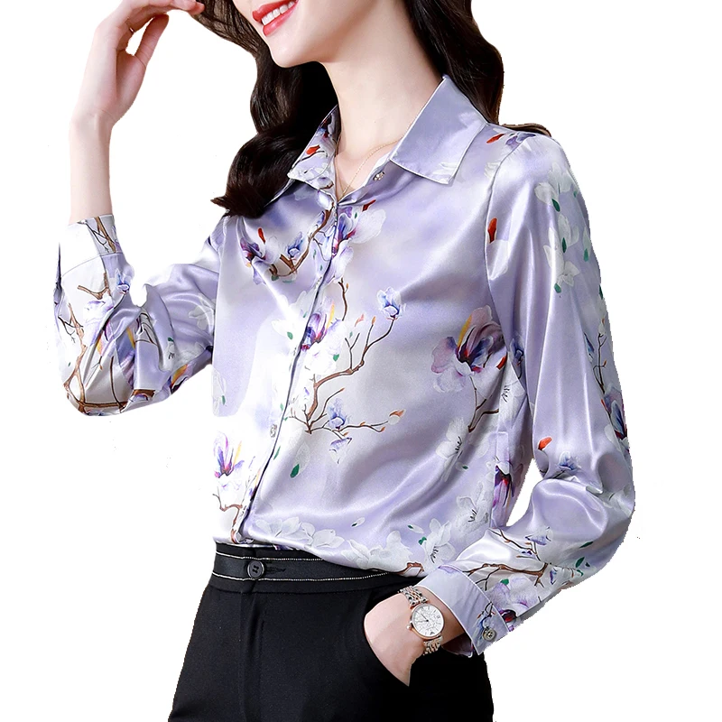 

Элегантная Шелковая шифоновая рубашка 3XL, однобортная офисная блузка с отложным воротником и длинным рукавом, женская блузка с цветочным принтом, лидер продаж