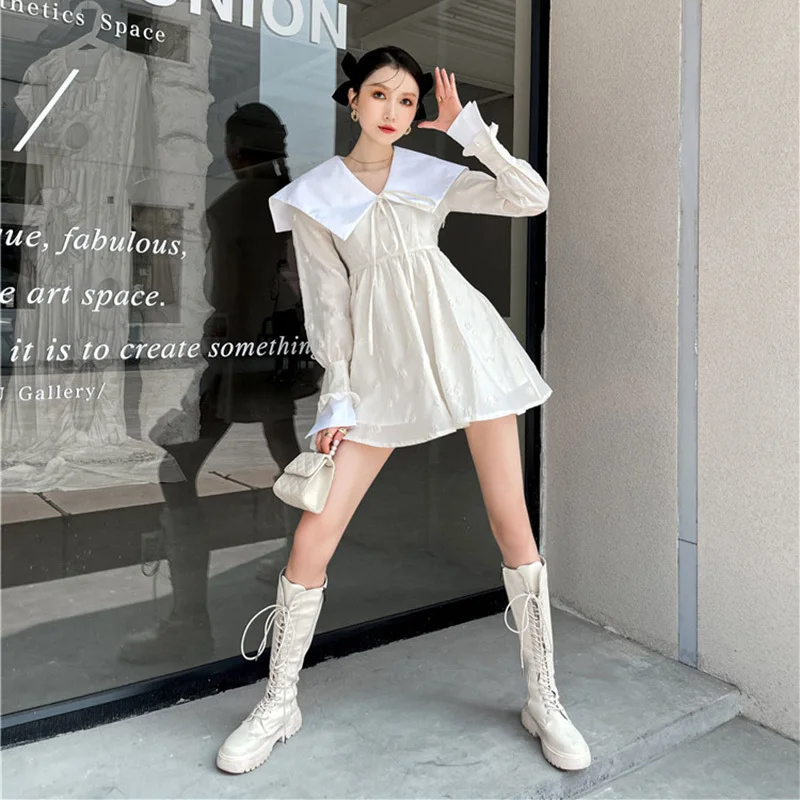 Women White Patchwork Jacquard High Empire Dress New Turn-down Collar Long Sleeve Fashion Spring Summer 2021 C885 
Women White Patchwork Jacquard High Empire Dress New Turn-down Collar Long Sleeve Fashion Spring Summer 2021 C885