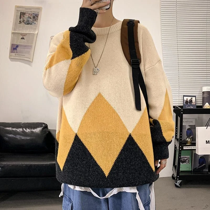 O-neck Knitted Sweater Contrast Color Diamond Lattice Loose Tops Trendy Long Sleeve Pullover Thick Male Clothes Autumn Winter
O-neck Knitted Sweater Contrast Color Diamond Lattice Loose Tops Trendy Long Sleeve Pullover Thick Male Clothes Autumn Winter