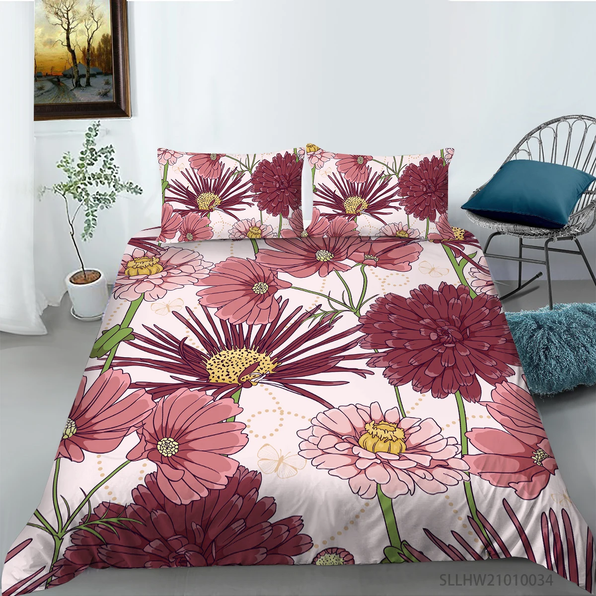 3D красного цвета с цветочным принтом, комплекты постельных принадлежностей, состоящие из пододеяльника, Комплект постельного белья и шлемы для подушек, с цветочным проектом, 2/3 шт постельное белье