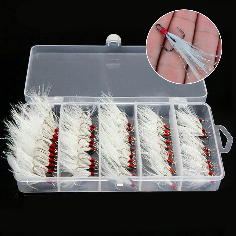50pcs/box Strong Fishing Treble Hooks Fishhook White Feather Fly Disguise Lure Bait Dressed 2/4/6/8/10# Tackle Pesca Iscas Tools
50pcs/box Strong Fishing Treble Hooks Fishhook White Feather Fly Disguise Lure Bait Dressed 2/4/6/8/10# Tackle Pesca Iscas Tools