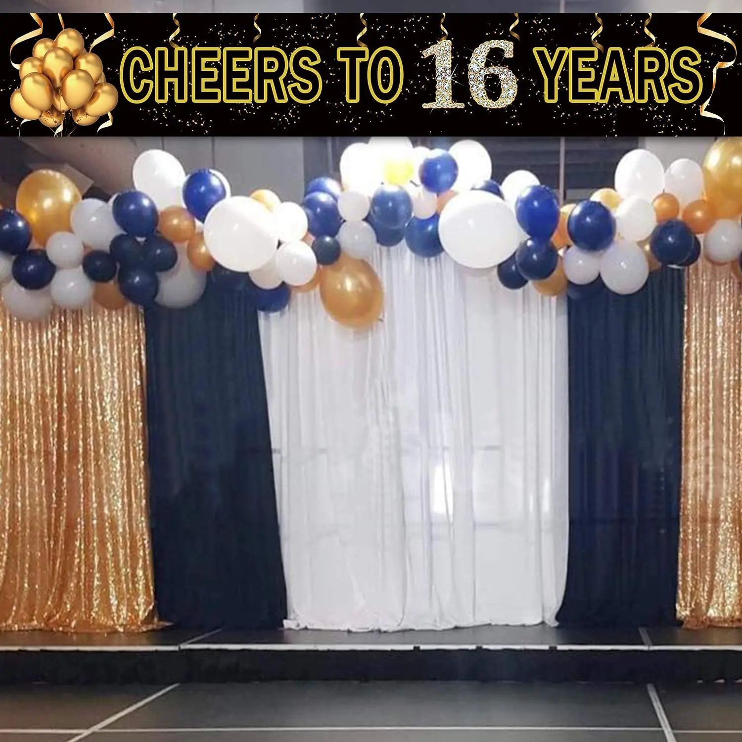 

Large Cheers to 16 Years Banner, Black Gold 16th Anniversary Party Sign, 16th Birthday/Anniversary Party Decorations Supplies