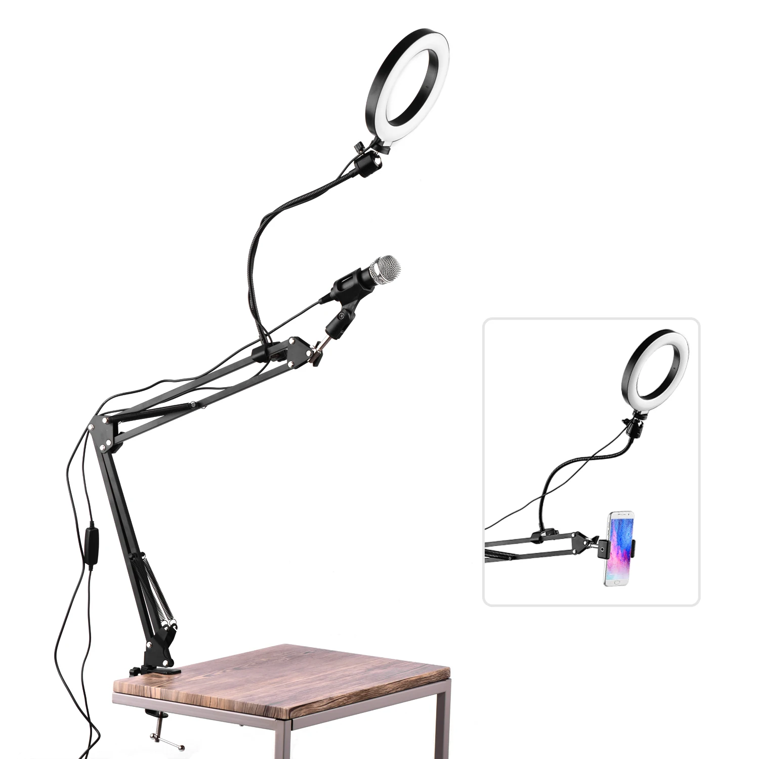 6.5inch/16cm Video Ring Light Kit with Articulating Arm Ball Head Light Stand Micropone Shock Mount Phone Clamp Remote Shutter
6.5inch/16cm Video Ring Light Kit with Articulating Arm Ball Head Light Stand Micropone Shock Mount Phone Clamp Remote Shutter