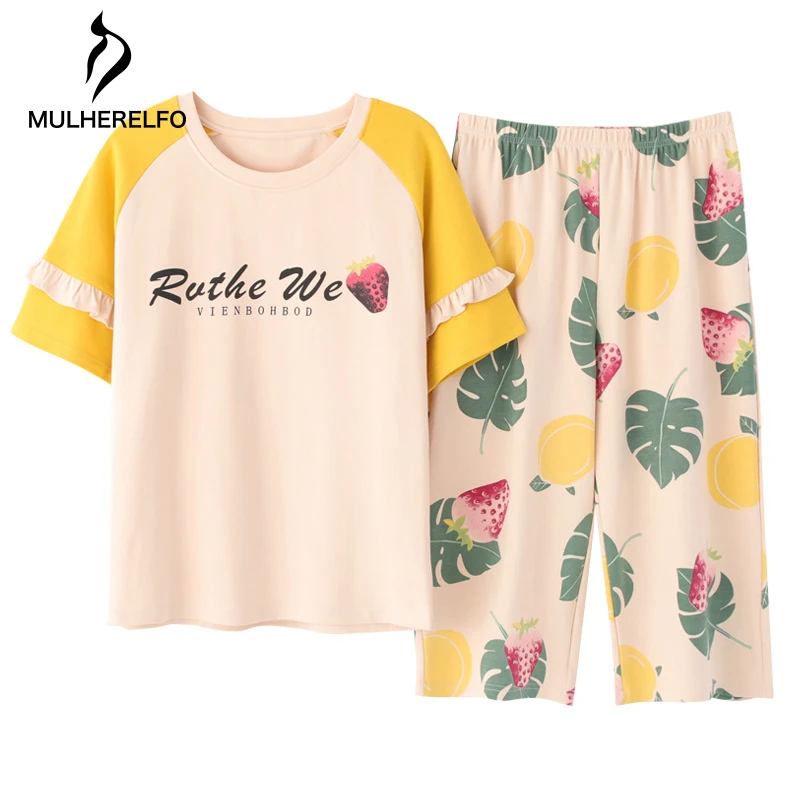 Lovely Cartoon Print Contrast Women's Pajamas Round Neck Short Sleeve Cropped Pants Female Homewear Comfortable Cotton Sleepwear 
Lovely Cartoon Print Contrast Women's Pajamas Round Neck Short Sleeve Cropped Pants Female Homewear Comfortable Cotton Sleepwear