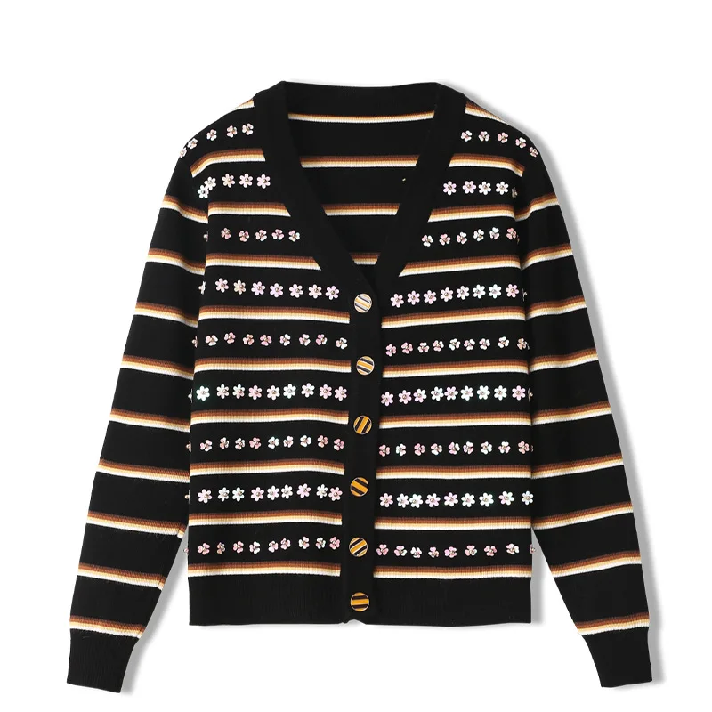 Осенний женский кардиган, свитер с длинным рукавом, v-образным вырезом, цветами, бисером, полосатый вязаный кардиган, трикотаж для женщин, тя... 
Осенний женский кардиган, свитер с длинным рукавом, v-образным вырезом, цветами, бисером, полосатый вязаный кардиган, трикотаж для женщин, тя...