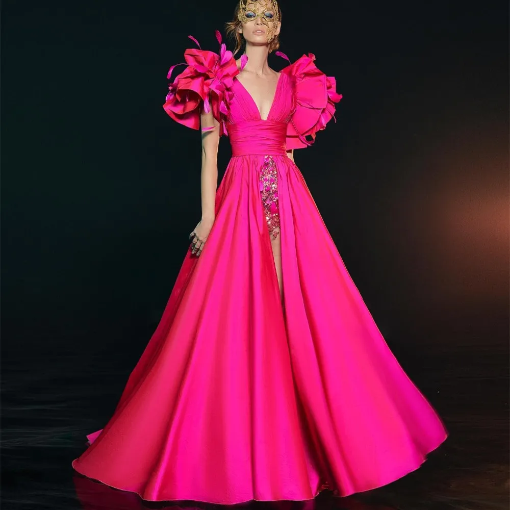 Modern Hot Pink Split Long Prom Dresses V-neck Backless A-line Split Sexy Prom Gowns Ruffles Formal Party Dress
Modern Hot Pink Split Long Prom Dresses V-neck Backless A-line Split Sexy Prom Gowns Ruffles Formal Party Dress