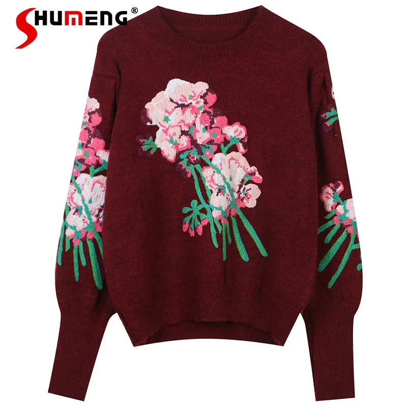 Женский свитер с круглым вырезом, длинным рукавом и цветочной вышивкой, Свободный пуловер в стиле ретро, вязаный Топ, Осень-зима 2021 
Женский свитер с круглым вырезом, длинным рукавом и цветочной вышивкой, Свободный пуловер в стиле ретро, вязаный Топ, Осень-зима 2021