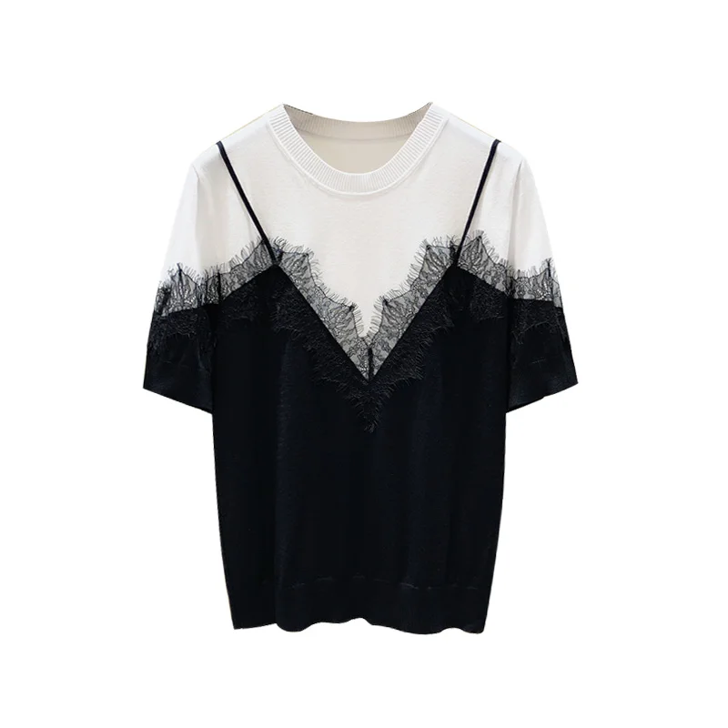 Lace Patchwork Color Matching Fake Two-Piece Short Fiber T-shirt Female 2020 Summer Loose O Neck Ageing T-shirt 
Lace Patchwork Color Matching Fake Two-Piece Short Fiber T-shirt Female 2020 Summer Loose O Neck Ageing T-shirt