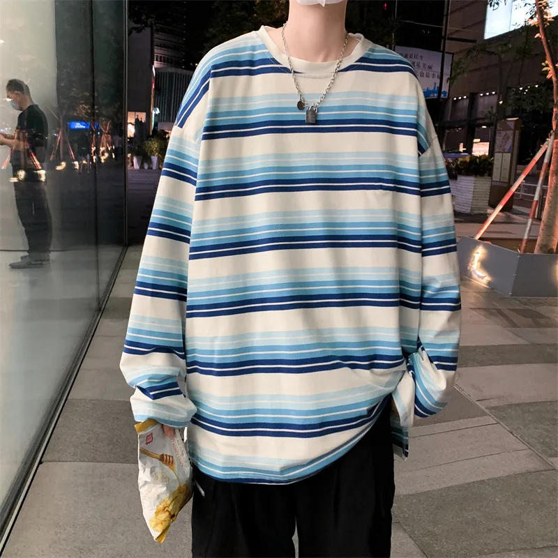 Korean Fashion Striped Autumn Apring Men T Shirt Teen Style Long Sleeve Loose Basic Tops Round Neck Harajuku Green Blue Orange
Korean Fashion Striped Autumn Apring Men T Shirt Teen Style Long Sleeve Loose Basic Tops Round Neck Harajuku Green Blue Orange