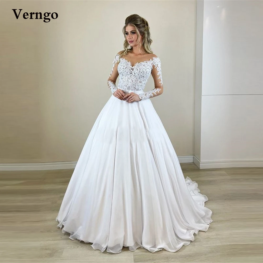 Verngo A Line Lace Applique Chiffon 2 in 1 Wedding Dresses With Detachable Train Long Sleeves Sheer Neck Back Bridal Dresses
Verngo A Line Lace Applique Chiffon 2 in 1 Wedding Dresses With Detachable Train Long Sleeves Sheer Neck Back Bridal Dresses