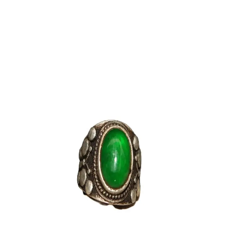 

Китайское старое ремесло, старинное тибетское серебряное инкрустированное зеленое серебряное кольцо из нефрита