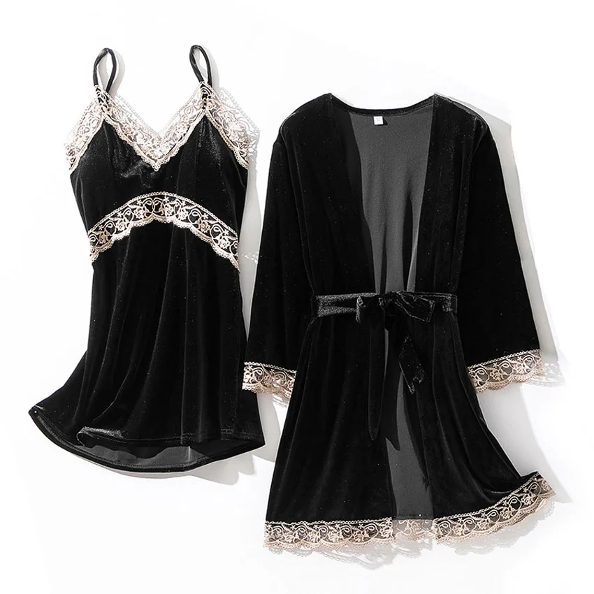 Fashion Velvet Strap Dress Cardigan Set Warm Winter Pajamas Sets Women Sexy Lace Robe Pajama Sleepwear Suit Sleeveless Nightwear
Fashion Velvet Strap Dress Cardigan Set Warm Winter Pajamas Sets Women Sexy Lace Robe Pajama Sleepwear Suit Sleeveless Nightwear