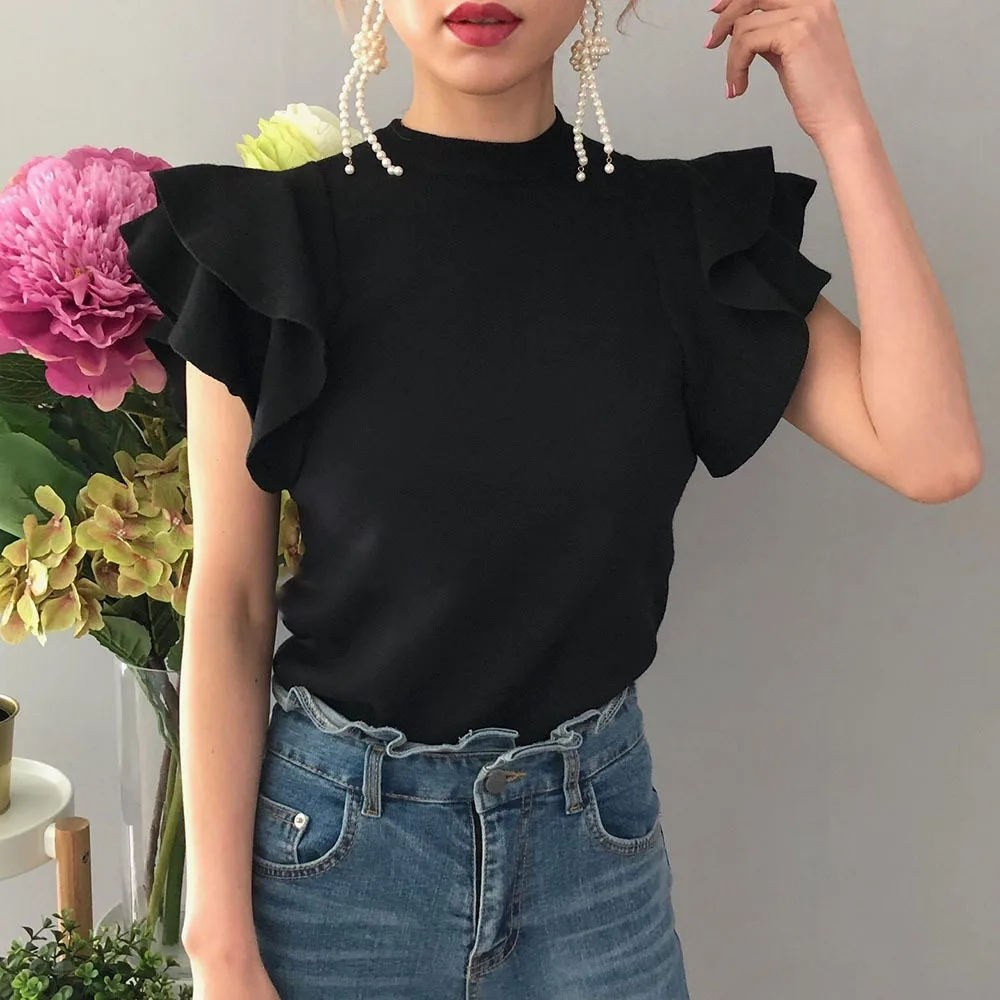 Summer Autumn Knitted Tops Women Short Ruffle Sleeve Sweater 2021 Korean Femme Chic Jumper Pullover Clothing Outwear Tops 
Summer Autumn Knitted Tops Women Short Ruffle Sleeve Sweater 2021 Korean Femme Chic Jumper Pullover Clothing Outwear Tops