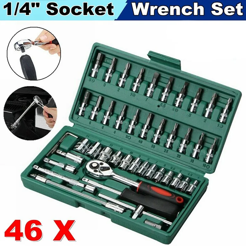 1/4-Inch 46PCS Car Repair Tool Set Socket Set Ratchet Torque Wrench Combo Tools Kit Auto Repairing Tool Set
1/4-Inch 46PCS Car Repair Tool Set Socket Set Ratchet Torque Wrench Combo Tools Kit Auto Repairing Tool Set