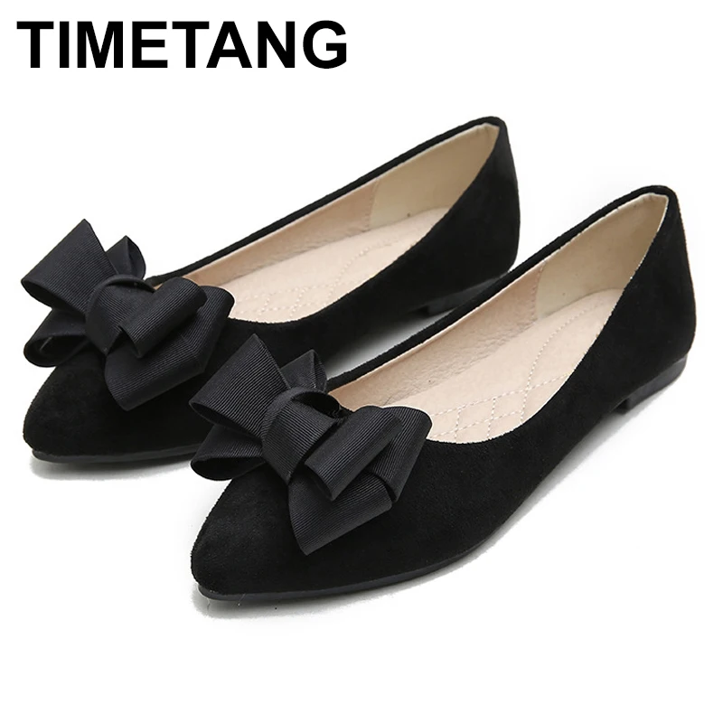 

TIMETANG 2020 Woman Flat Shoes Bow Suede Flats Women Slip On Loafers Ballet Shoes Ladies Casual Fashion Footwear Black Plus