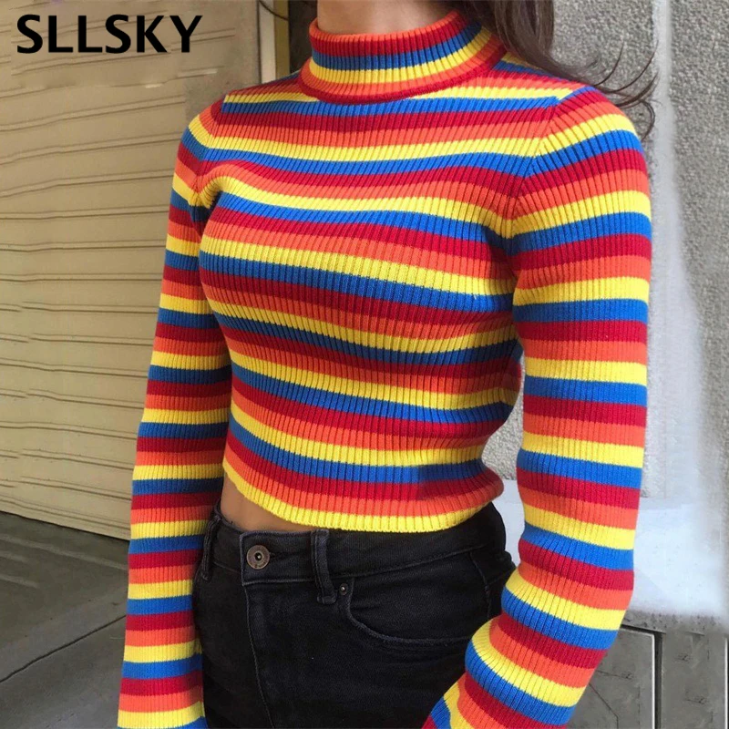 

Женский свитер в радужную полоску SLLSKY, джемпер, вязаная одежда, модные облегающие сексуальные женские водолазки, свитера и пуловеры, красоч...