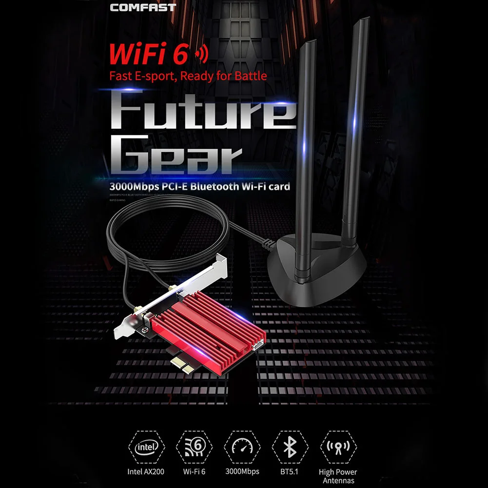 AX200plus Wifi6 3000Mbps Desktop Dual Band PCIE Network Card Aluminum Alloy Rustproof Accessories With Movable Antenna Adapter
AX200plus Wifi6 3000Mbps Desktop Dual Band PCIE Network Card Aluminum Alloy Rustproof Accessories With Movable Antenna Adapter