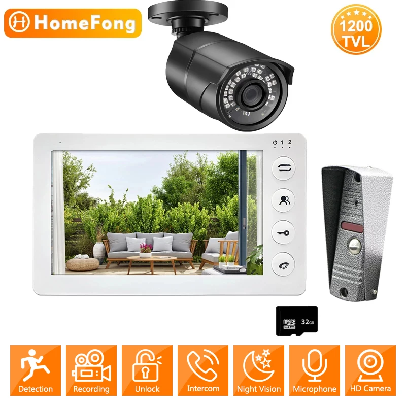 

HomeFong 7 Inch Intercom Video Door Phone 1 Monitors 1 Doorbells 1 CCTV Camera 1200TVL IP65 with Motion Sensor Unlock Record
