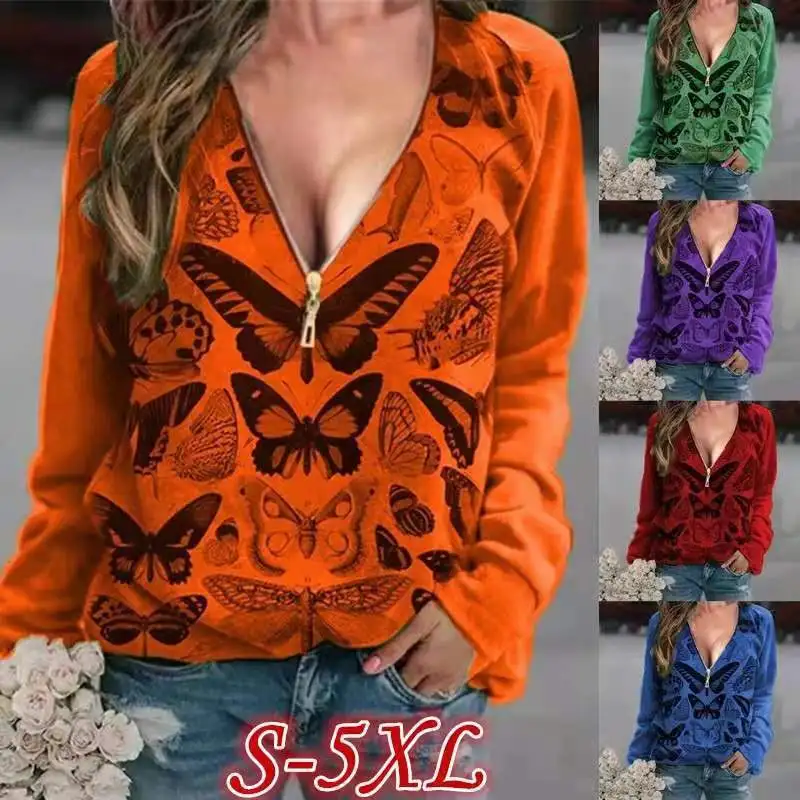 Harajuku Shirt Women's Loose Stitching Retro Autumn And Winter Sexy V-Neck Butterfly Print Zipper Long-Sleeved Plus Size T-Shirt
Harajuku Shirt Women's Loose Stitching Retro Autumn And Winter Sexy V-Neck Butterfly Print Zipper Long-Sleeved Plus Size T-Shirt