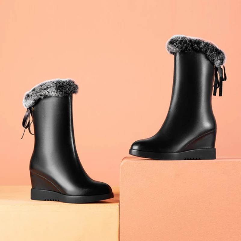 Meotina Genuine Leather Wedge Heels Fur Snow Boots Women Warm Boots Shoes Bow High Heel Mid Calf Boots Ladies Boots Winter Black
Meotina Genuine Leather Wedge Heels Fur Snow Boots Women Warm Boots Shoes Bow High Heel Mid Calf Boots Ladies Boots Winter Black