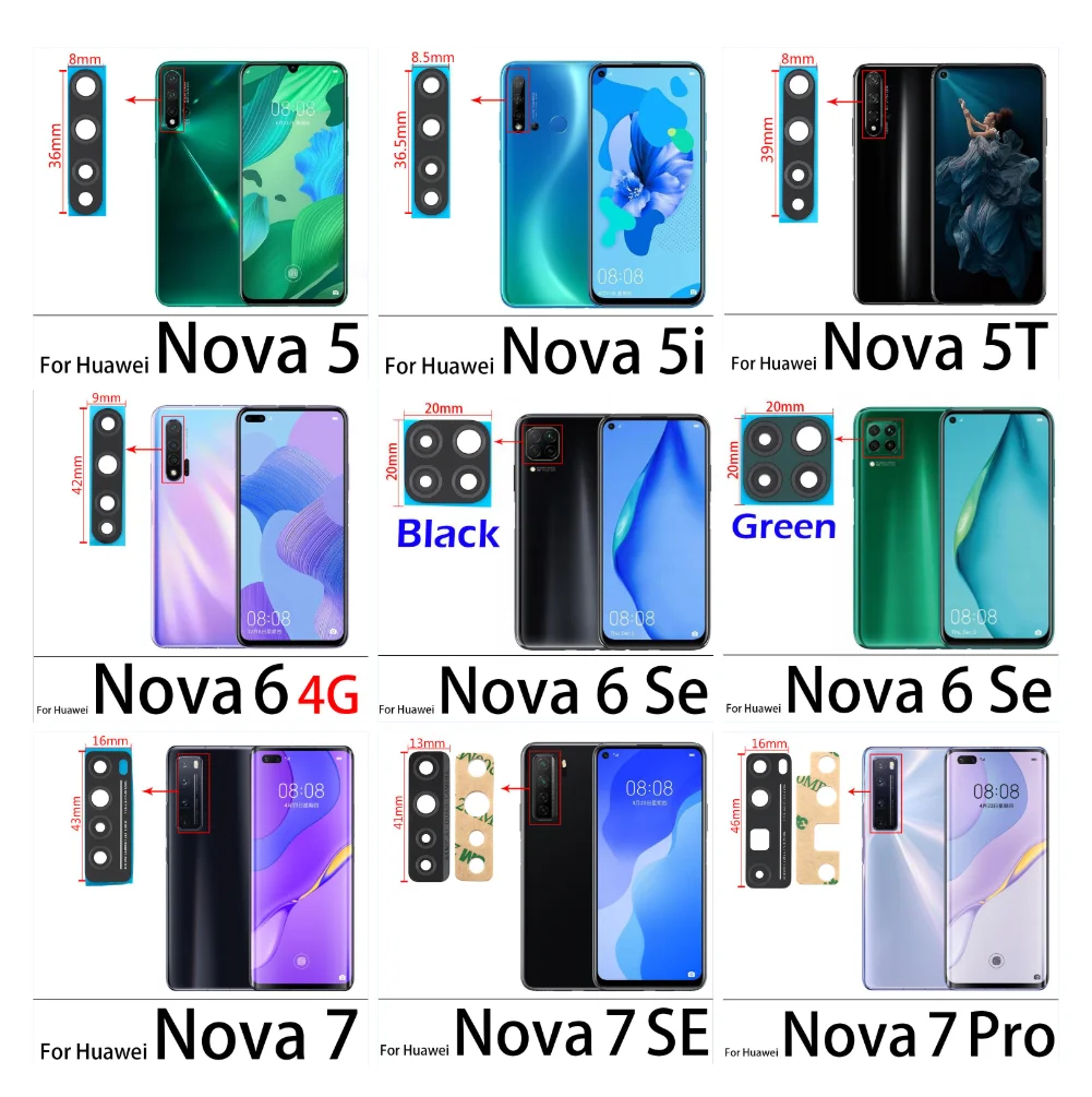 

Стеклянная крышка объектива задней камеры для Huawei Nova 5, 5i, 5T, 5Z, 6, 7, 8 Pro, Se, с клейкой наклейкой, 2 шт.