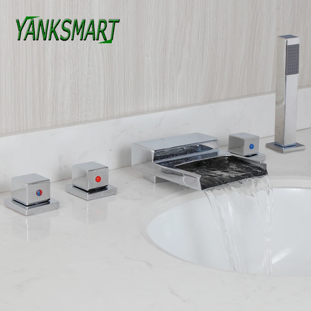 

YANKSMART LED Waterfall Spout 5 Pcs Bathtub Faucet Chrome Polished Deck Mounted Bathroom Shower Faucet Mixer Tap With Handshower
