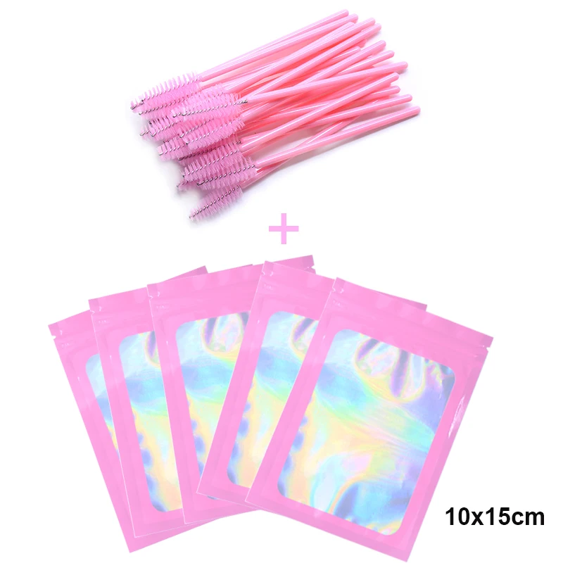 

2 in 1 Wholesale False Eyelash Neon Packaging Baggie with Brushes Pink Holigraphic Lashes Packing Bag Custom Logo Bulk Sale