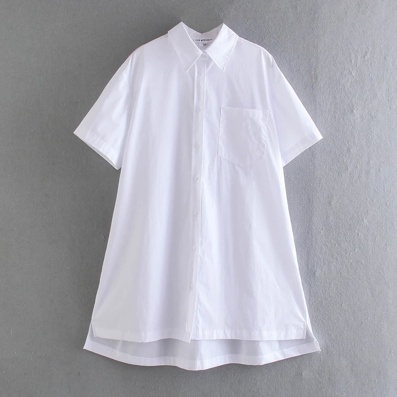 Casual White Cotton Blouse Short Sleeve Pocket Loose Long Shirts Women Summer Tops
Casual White Cotton Blouse Short Sleeve Pocket Loose Long Shirts Women Summer Tops