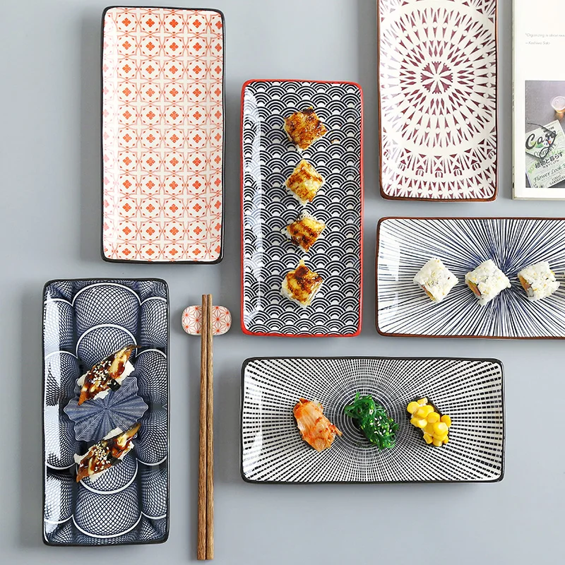 

10 Inch Ceramic Sushi Flat Plate Japanese Style Underglaze Rectangular Dessert Porcelain Tableware Dinner Dish CZY1038