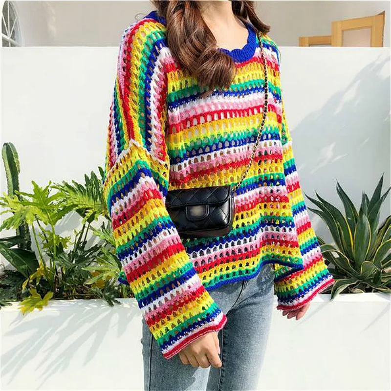 Sweaters Women Chic Rainbow Striped Ulzzang Lovely Trendy Ladies Knitwear Ins Preppy Hollow Out Design Harajuku Friends Sweater | Женская