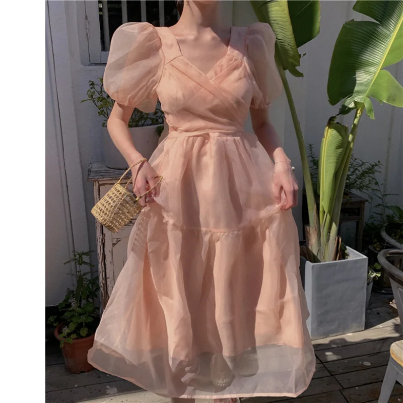 Girl Short Puff Sleeve Dress Gauze Bandage Bow Dress Women Party Summer Dresses French Temperament Dress Sweet V-Neck Tender
Girl Short Puff Sleeve Dress Gauze Bandage Bow Dress Women Party Summer Dresses French Temperament Dress Sweet V-Neck Tender