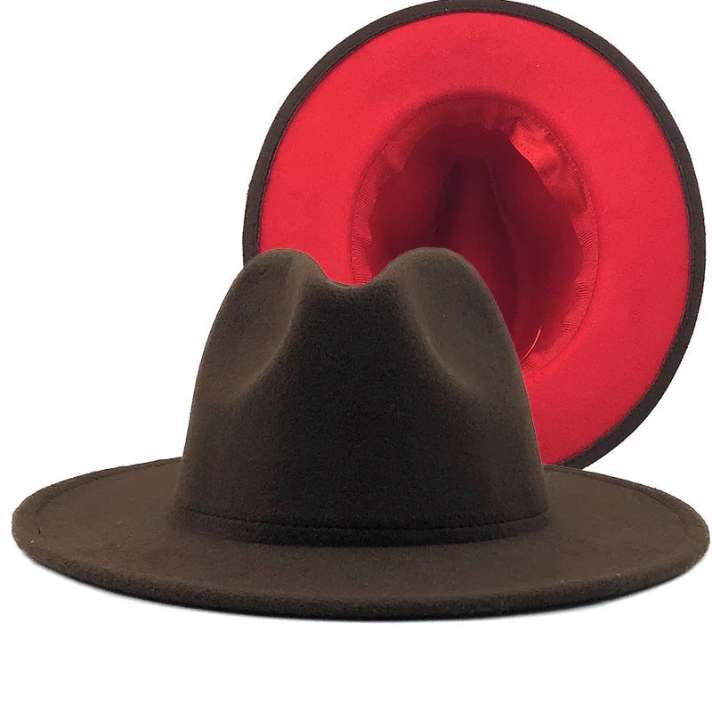 

coffe red Patchwork Wool Felt Jazz Fedora Hat Women Unisex Wide Brim Panama Party Trilby Cowboy Cap Men Gentleman Wedding Hat XL